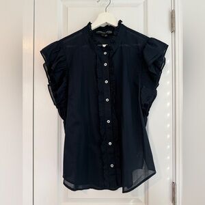 Veronica Beard Tenille Ruffle Button-Up Shirt Dark Blue Cotton Size XL